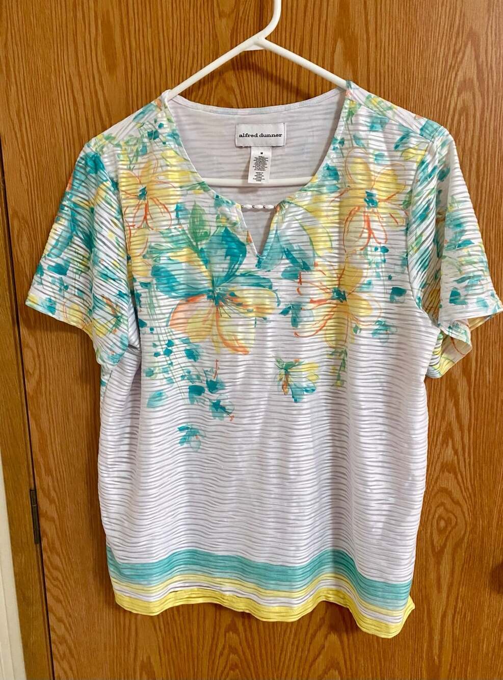 Alfred Dunner Floral Blouse Size M White Yellow Blue Striped